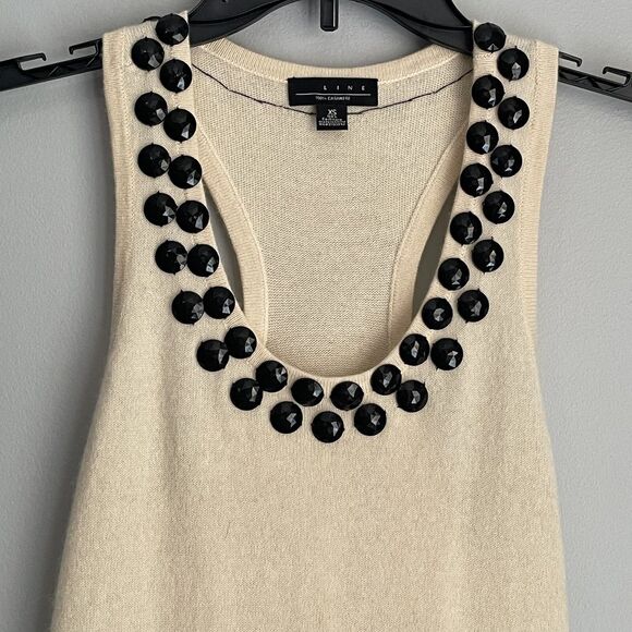 LINE 100% Cashmere Sweater Racerback Size XS S Beaded Neckline SOFT Quiet Luxury - Picture 2 of 15